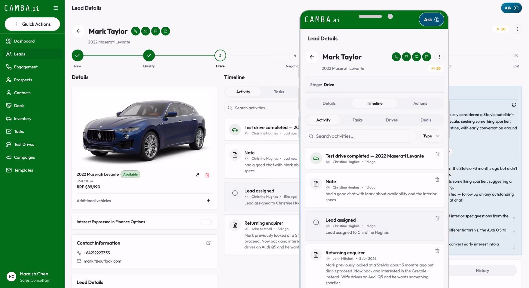 A Camba lead screen showing a customer’s history, vehicles of interest and test drive record.