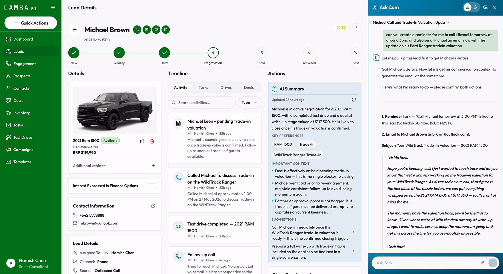 The Ask Cam assistant logging a note and a test drive against a lead.